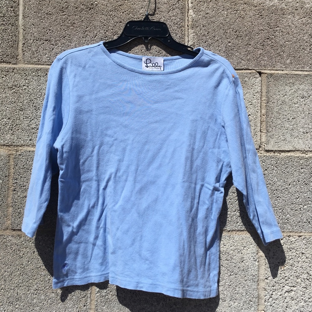 Vtg Lilly Pulitzer Petite Large Knit Top Blue 100% Cotton Bateau Neck 3/4 Sleeve